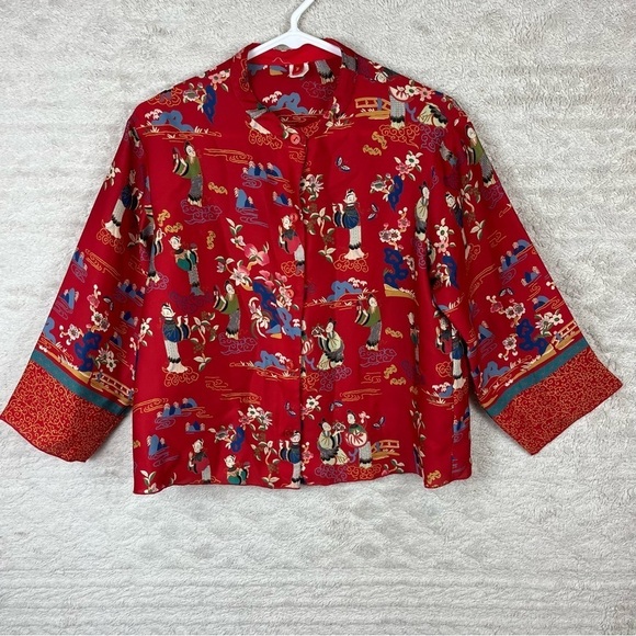 Josie Natori Vintage Red Japanese Print Top - Picture 1 of 16